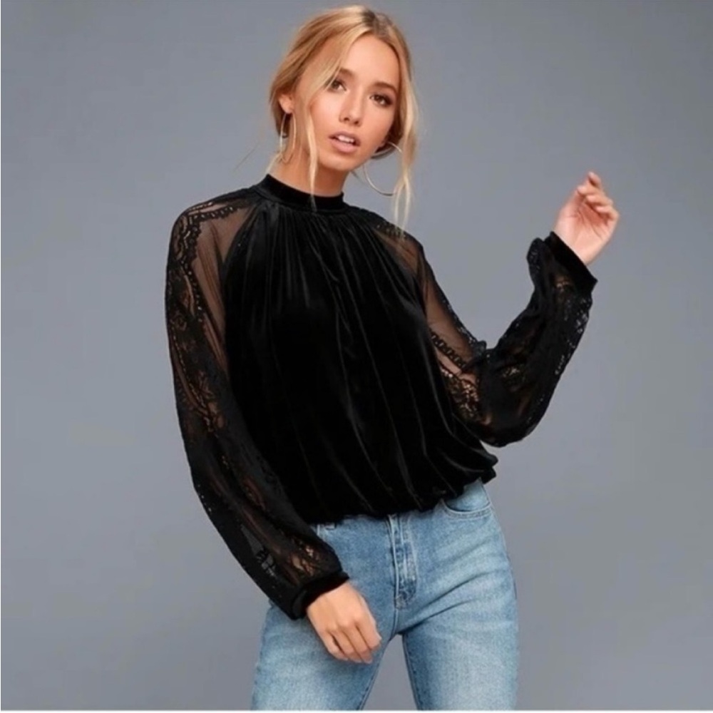 FREE PEOPLE Dream Team Black Velvet and Lace Long Sleeve Top Size XS